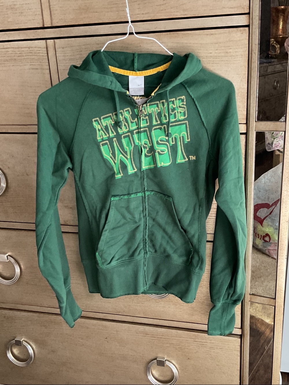Nike Women's Green Zip-Front Hoodie Jacket with Yellow Trim